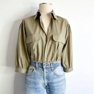 Vintage cotton khaki puff sleeve button up shirt collared blouse